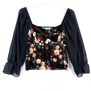 BLOOMFIELD Velvet Whimsigoth Floral Holiday Multimedia Puff Cropped Blouse XL